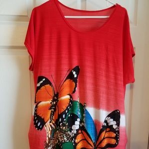 Beautiful Red butterfly print blouse, Size 1X